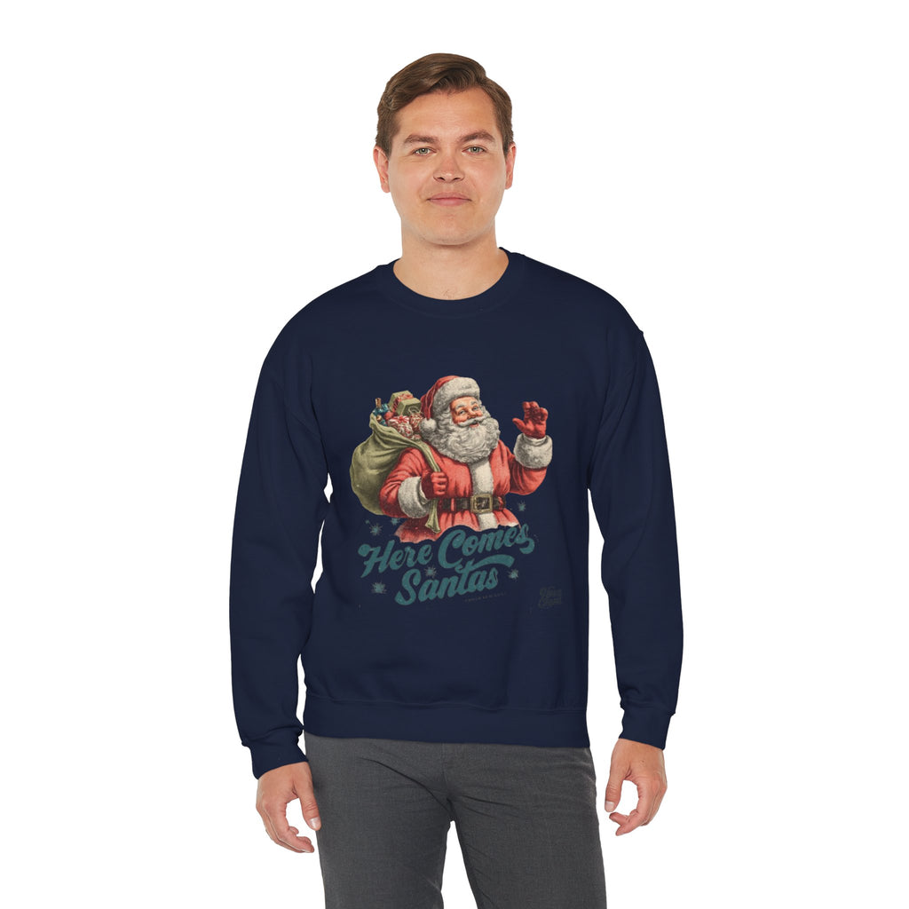 Santa Crewneck Sweatshirt — 'Here Comes Santa' Vintage Christmas Sweater