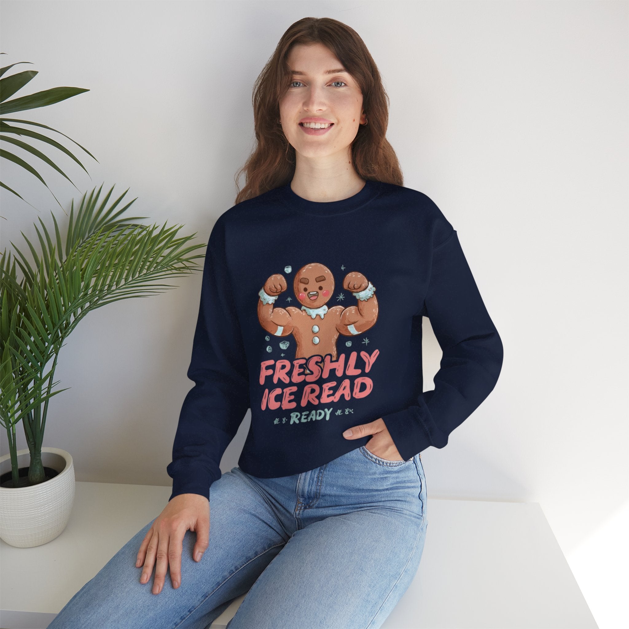 Crewneck Sweatshirt — 'Freshly Iced & Ready' Muscular Gingerbread Holiday Sweatshirt