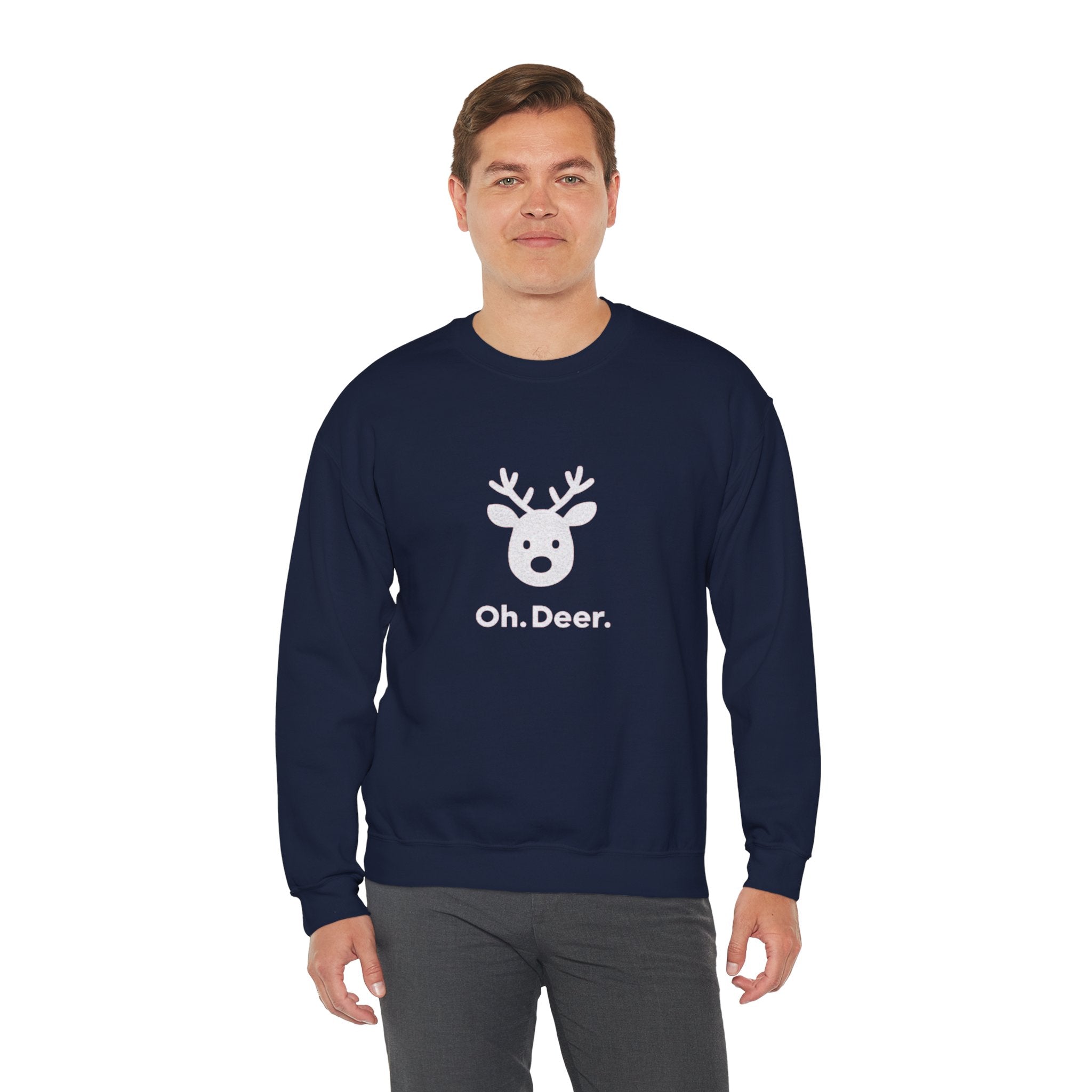 Crewneck Sweatshirt — Subtle ‘Oh Deer.’ Reindeer Graphic Holiday Pullover