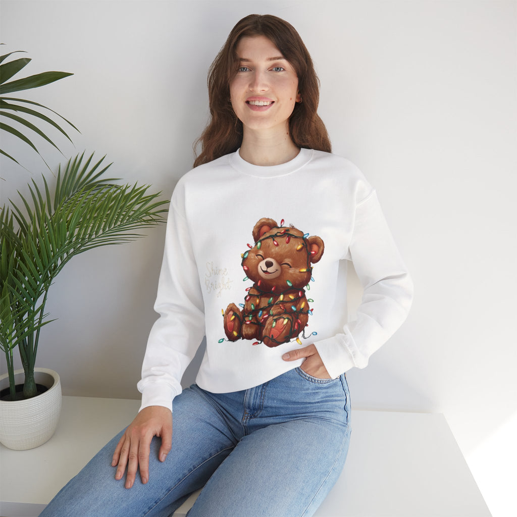 Crewneck Sweatshirt — Cute Teddy Wrapped in Christmas Lights Holiday Pullover