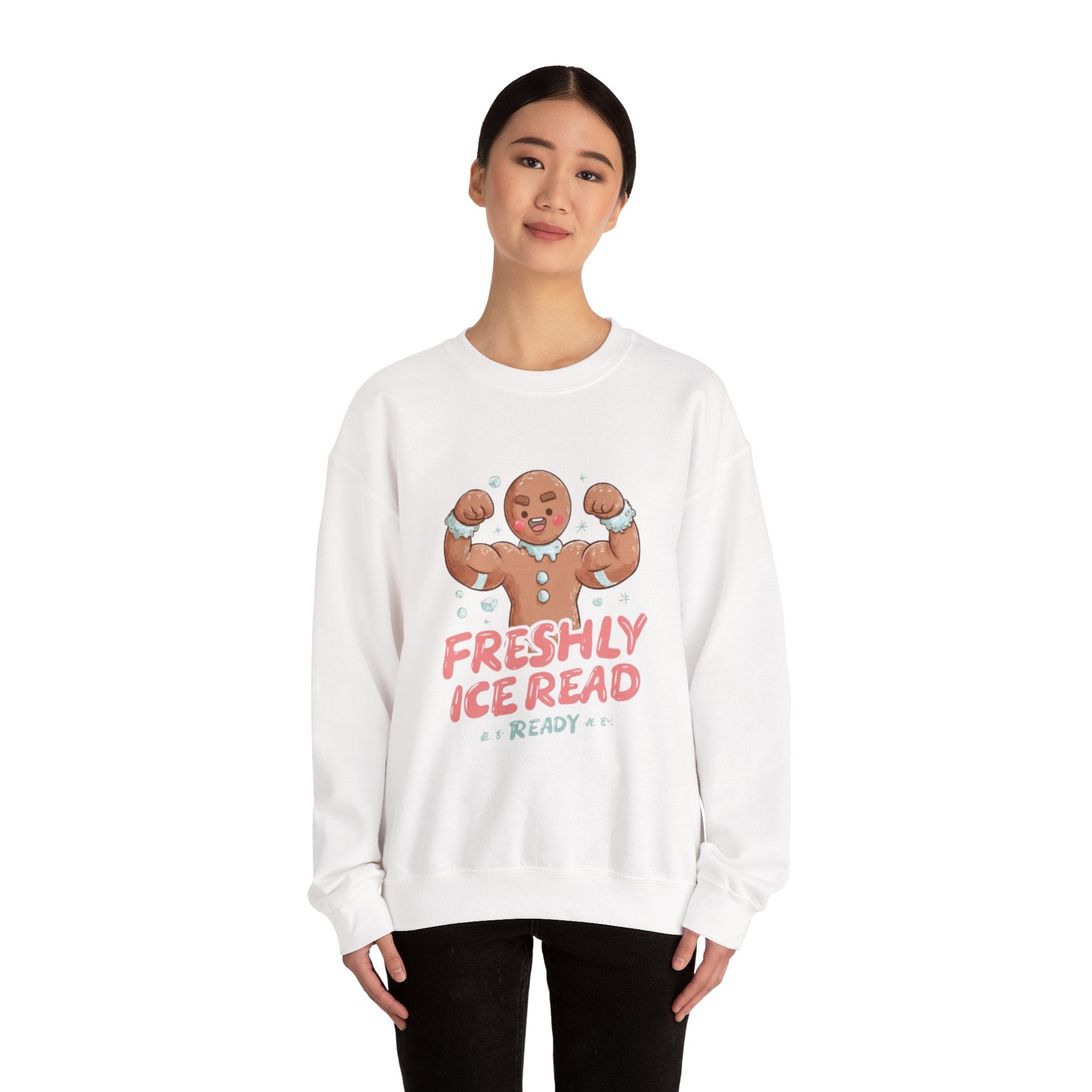 Crewneck Sweatshirt — 'Freshly Iced & Ready' Muscular Gingerbread Holiday Sweatshirt