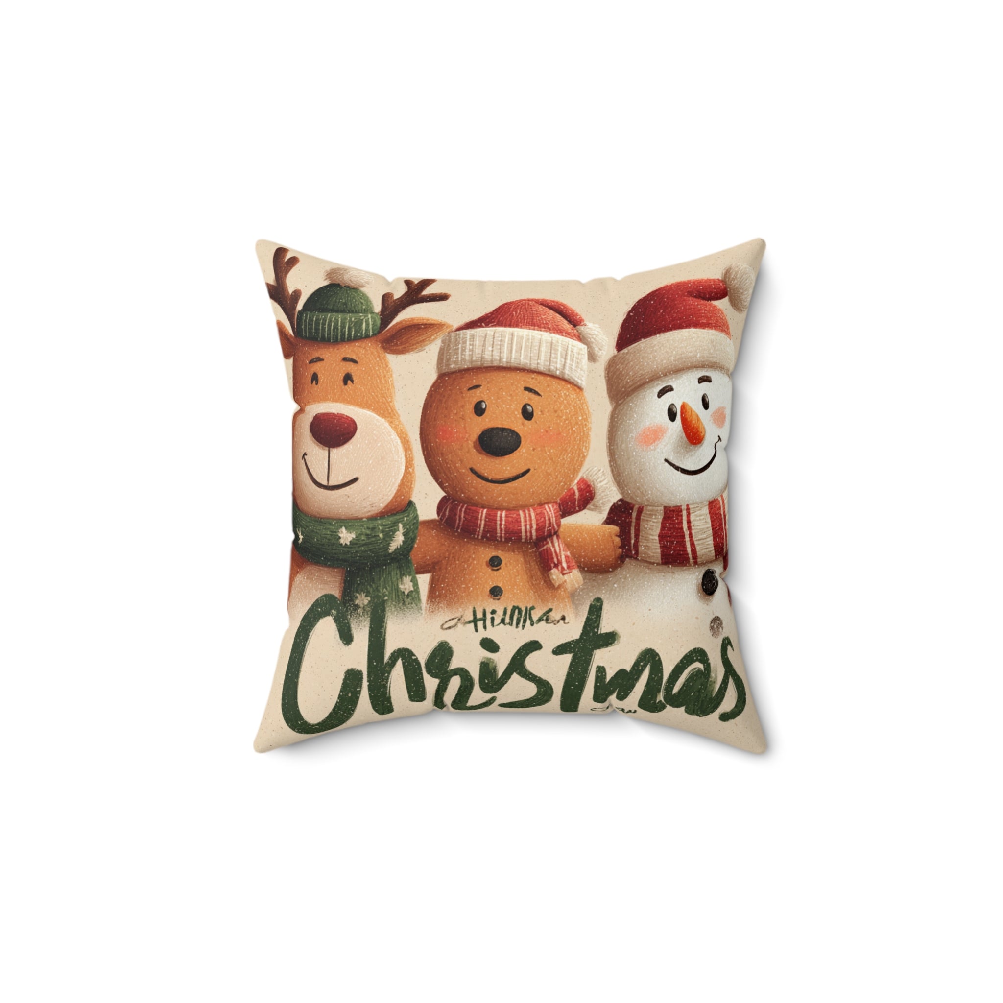 Christmas Friends Decorative Pillow – Reindeer, Bear & Snowman Holiday Throw