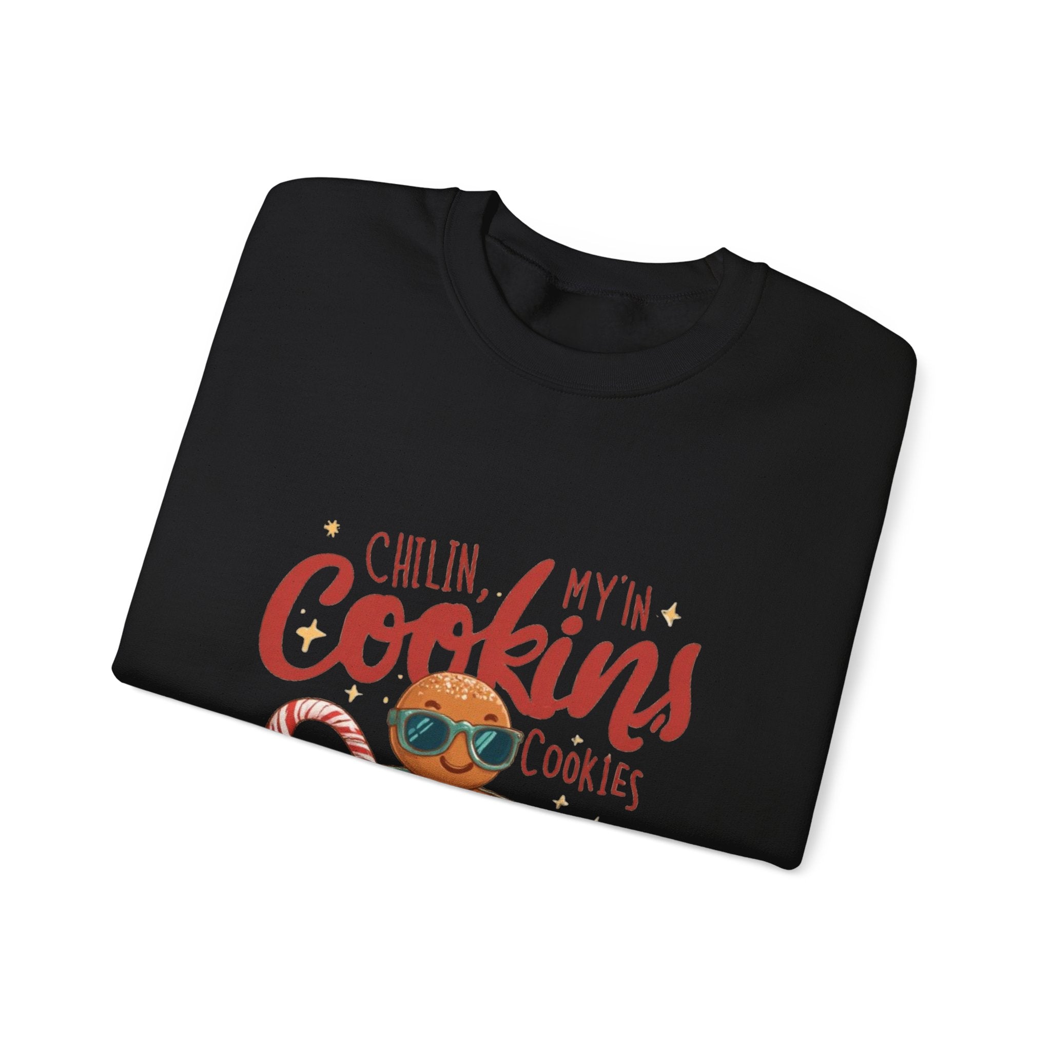 Crewneck Sweatshirt — "Chillin', My N' Cookins' Cookies" Cute Gingerbread Cup Holiday Pullover