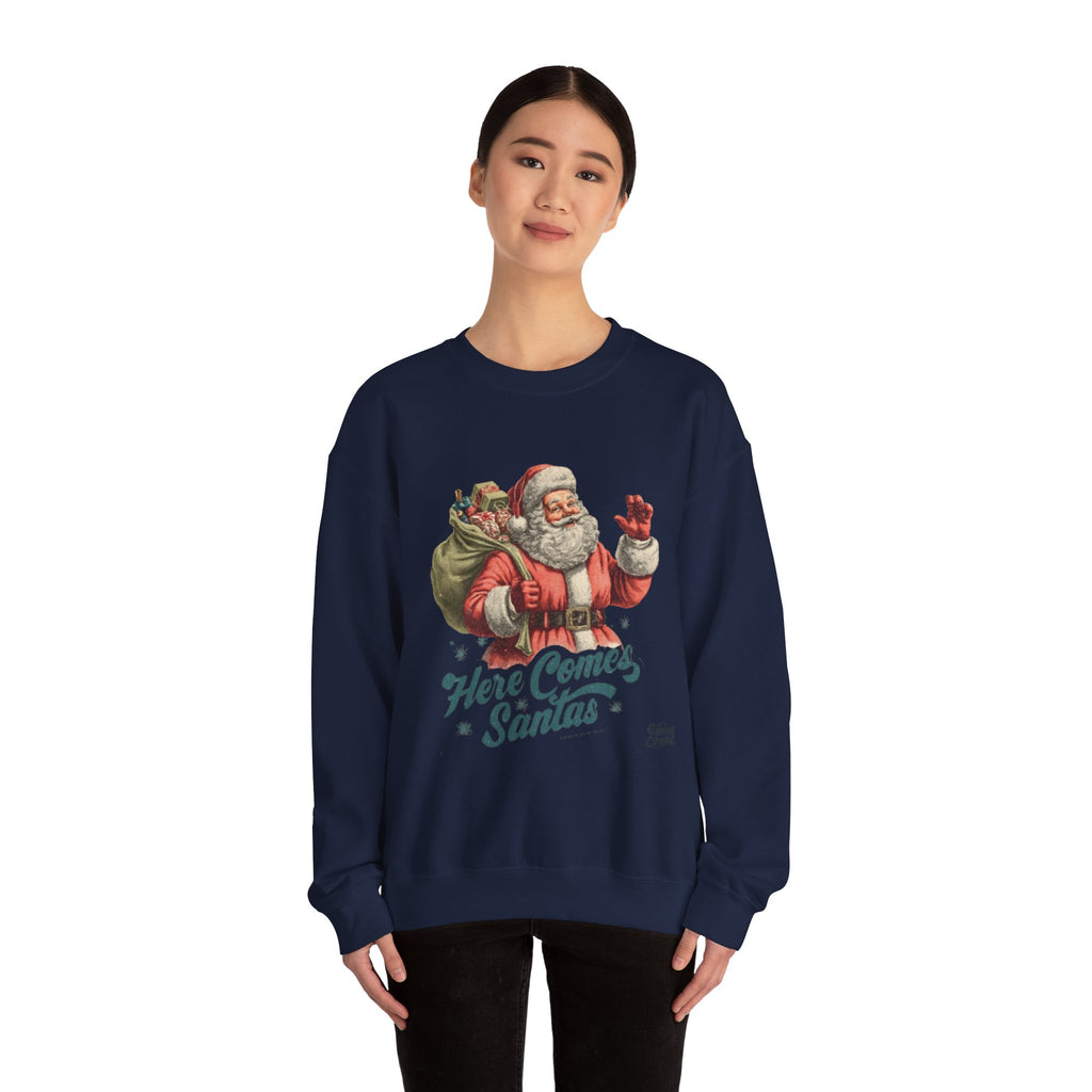 Santa Crewneck Sweatshirt — 'Here Comes Santa' Vintage Christmas Sweater