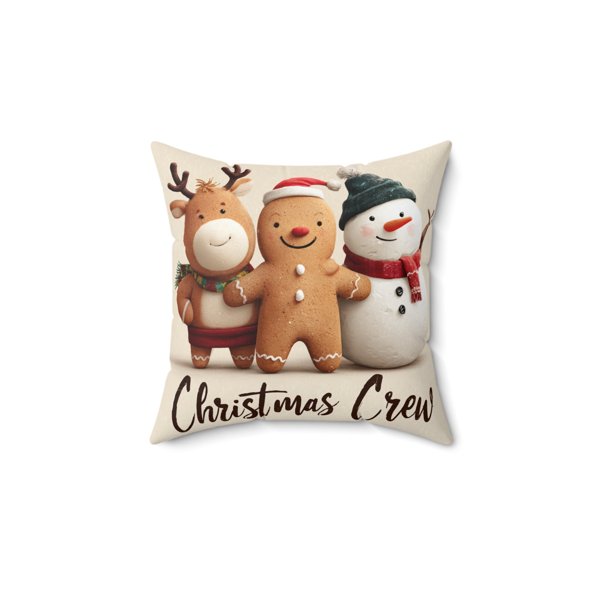 Christmas Crew Holiday Pillow - Cute Gingerbread, Reindeer & Snowman Decorative Throw Pillow