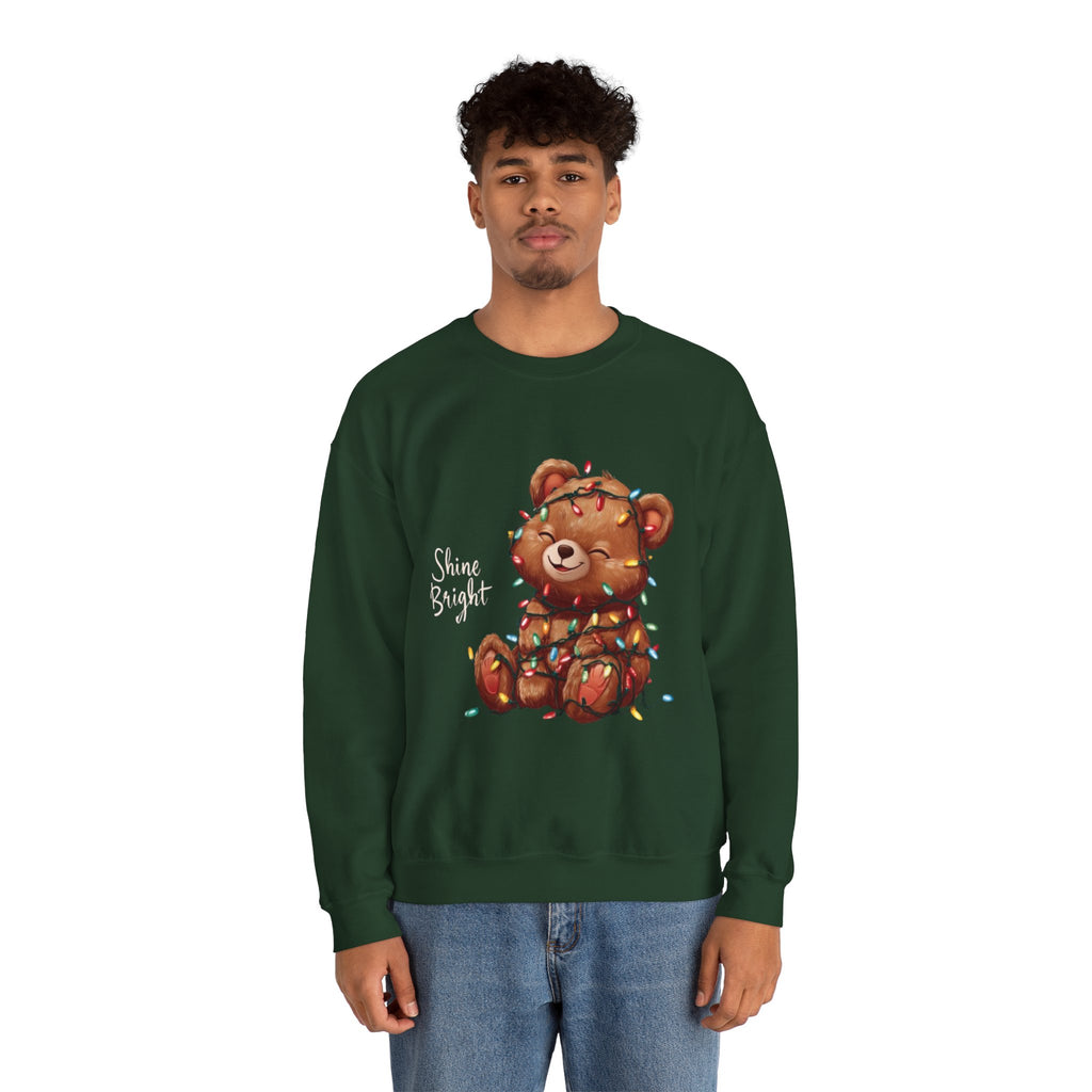 Crewneck Sweatshirt — Cute Teddy Wrapped in Christmas Lights Holiday Pullover