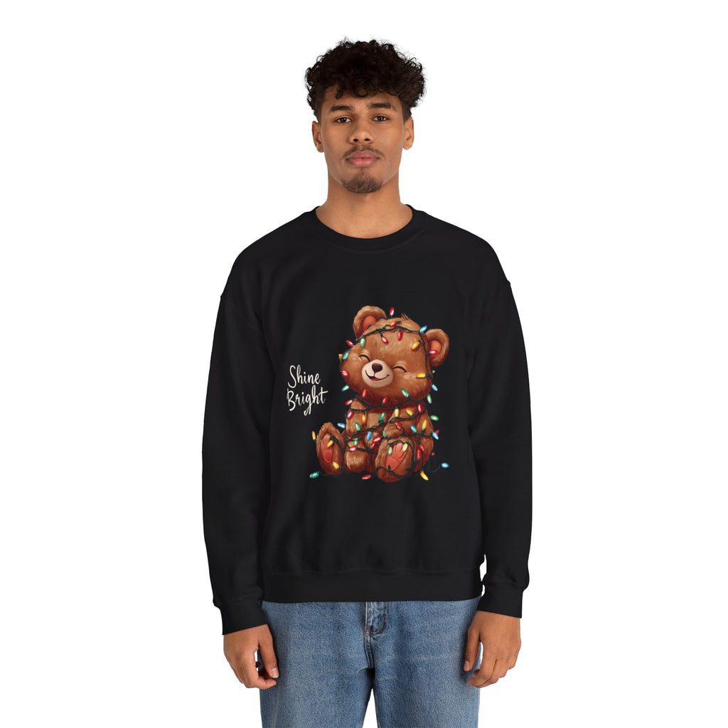 Crewneck Sweatshirt — Cute Teddy Wrapped in Christmas Lights Holiday Pullover