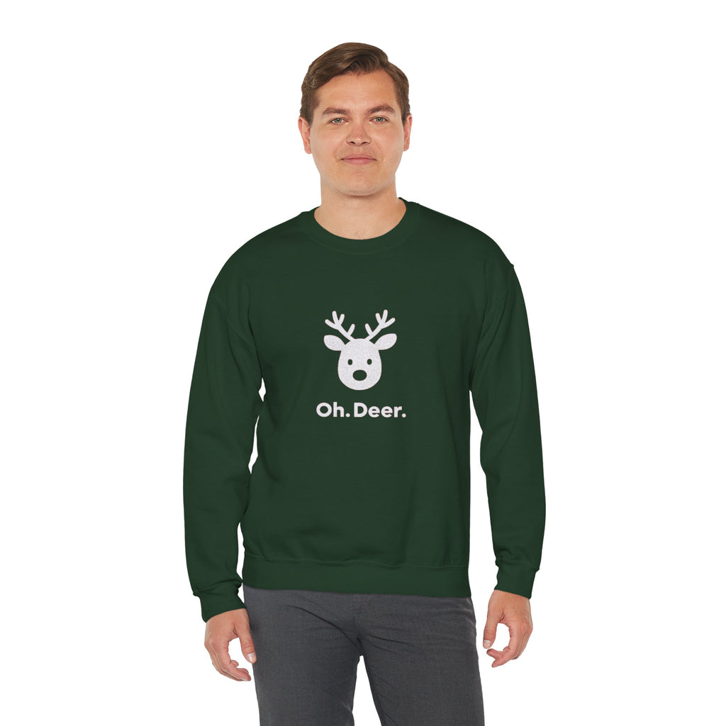 Crewneck Sweatshirt — Subtle ‘Oh Deer.’ Reindeer Graphic Holiday Pullover