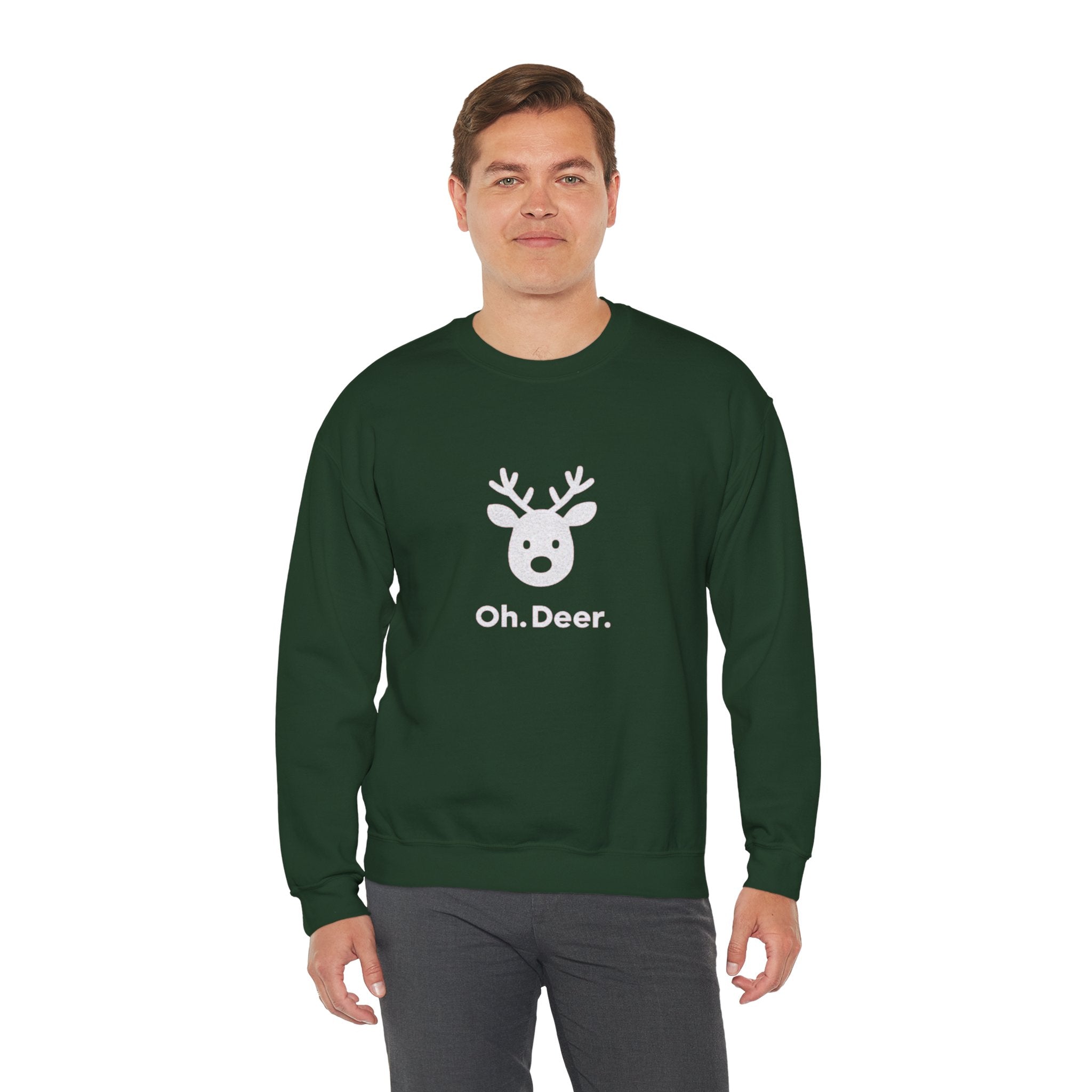 Crewneck Sweatshirt — Subtle ‘Oh Deer.’ Reindeer Graphic Holiday Pullover