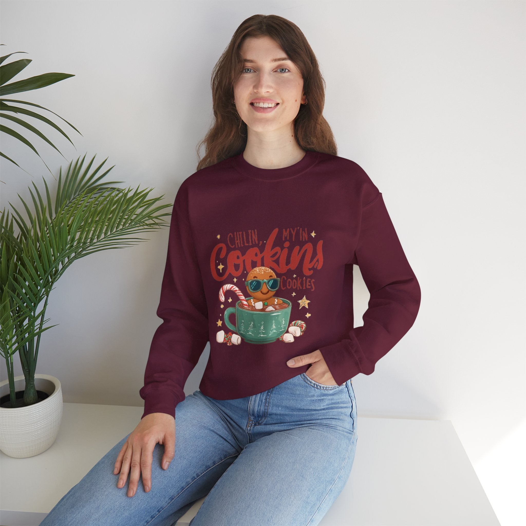 Crewneck Sweatshirt — "Chillin', My N' Cookins' Cookies" Cute Gingerbread Cup Holiday Pullover
