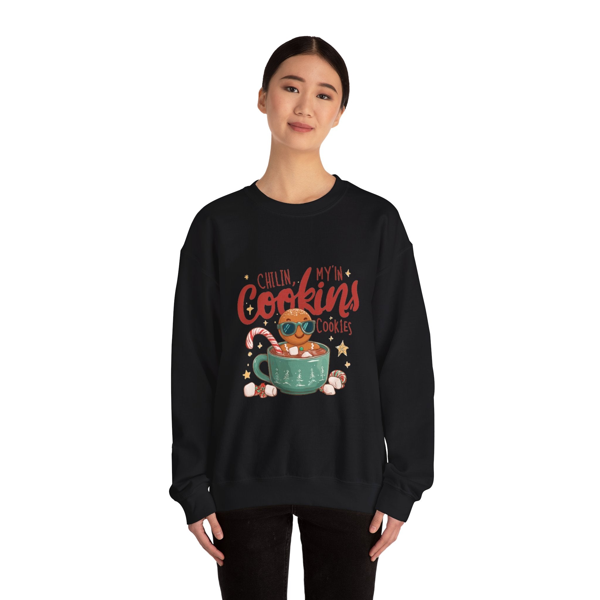 Crewneck Sweatshirt — "Chillin', My N' Cookins' Cookies" Cute Gingerbread Cup Holiday Pullover