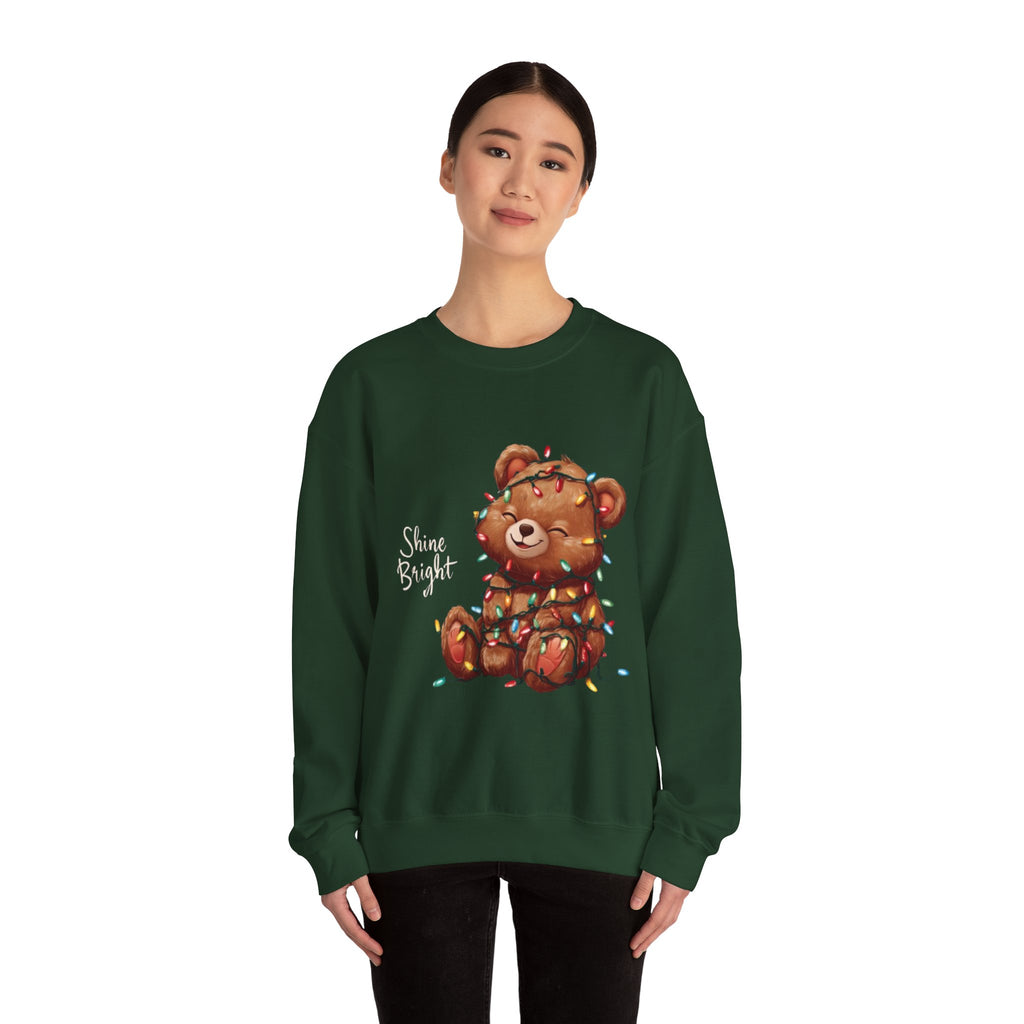 Crewneck Sweatshirt — Cute Teddy Wrapped in Christmas Lights Holiday Pullover