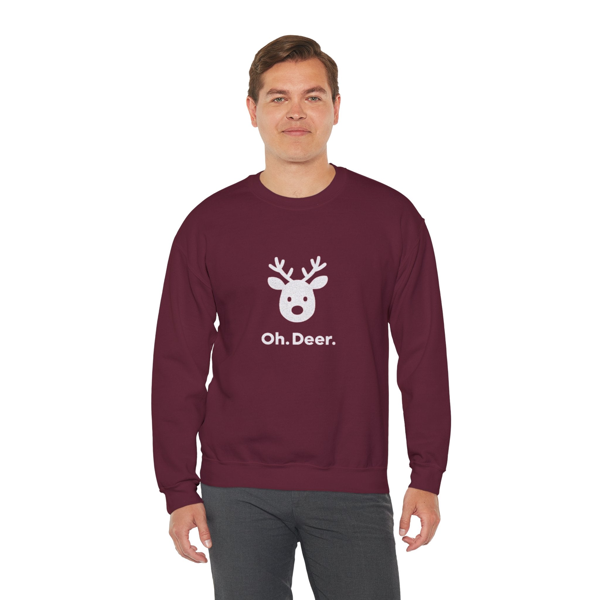 Crewneck Sweatshirt — Subtle ‘Oh Deer.’ Reindeer Graphic Holiday Pullover