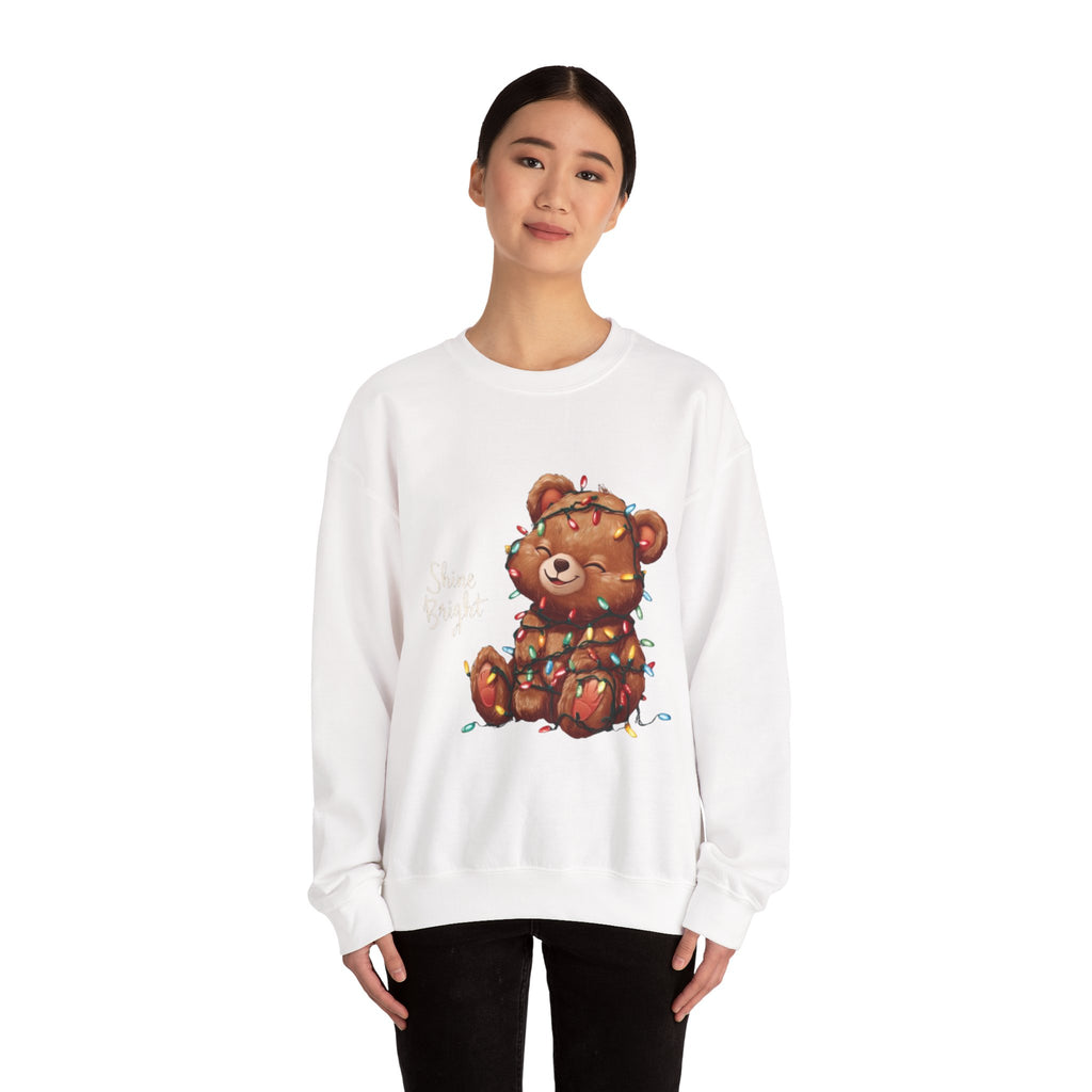 Crewneck Sweatshirt — Cute Teddy Wrapped in Christmas Lights Holiday Pullover
