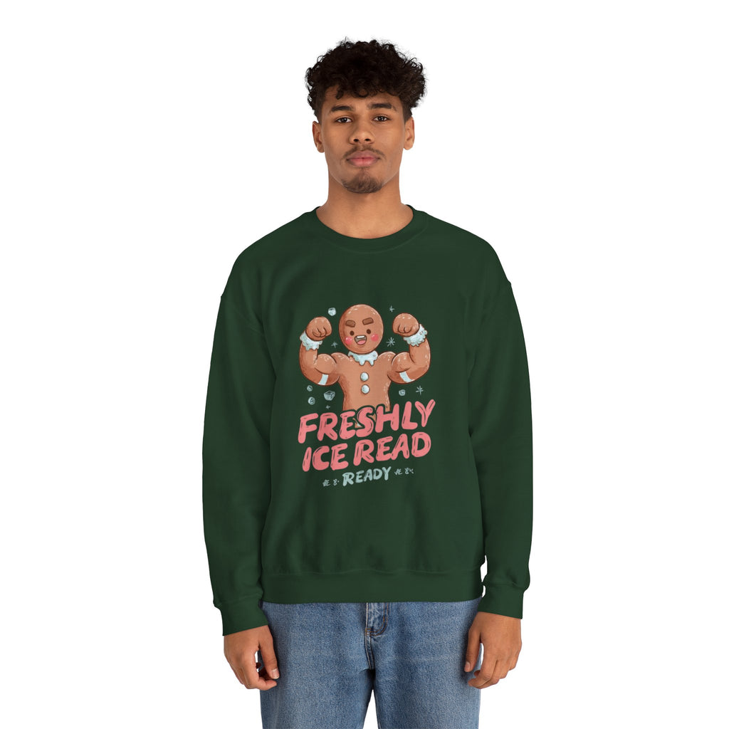 Crewneck Sweatshirt — 'Freshly Iced & Ready' Muscular Gingerbread Holiday Sweatshirt