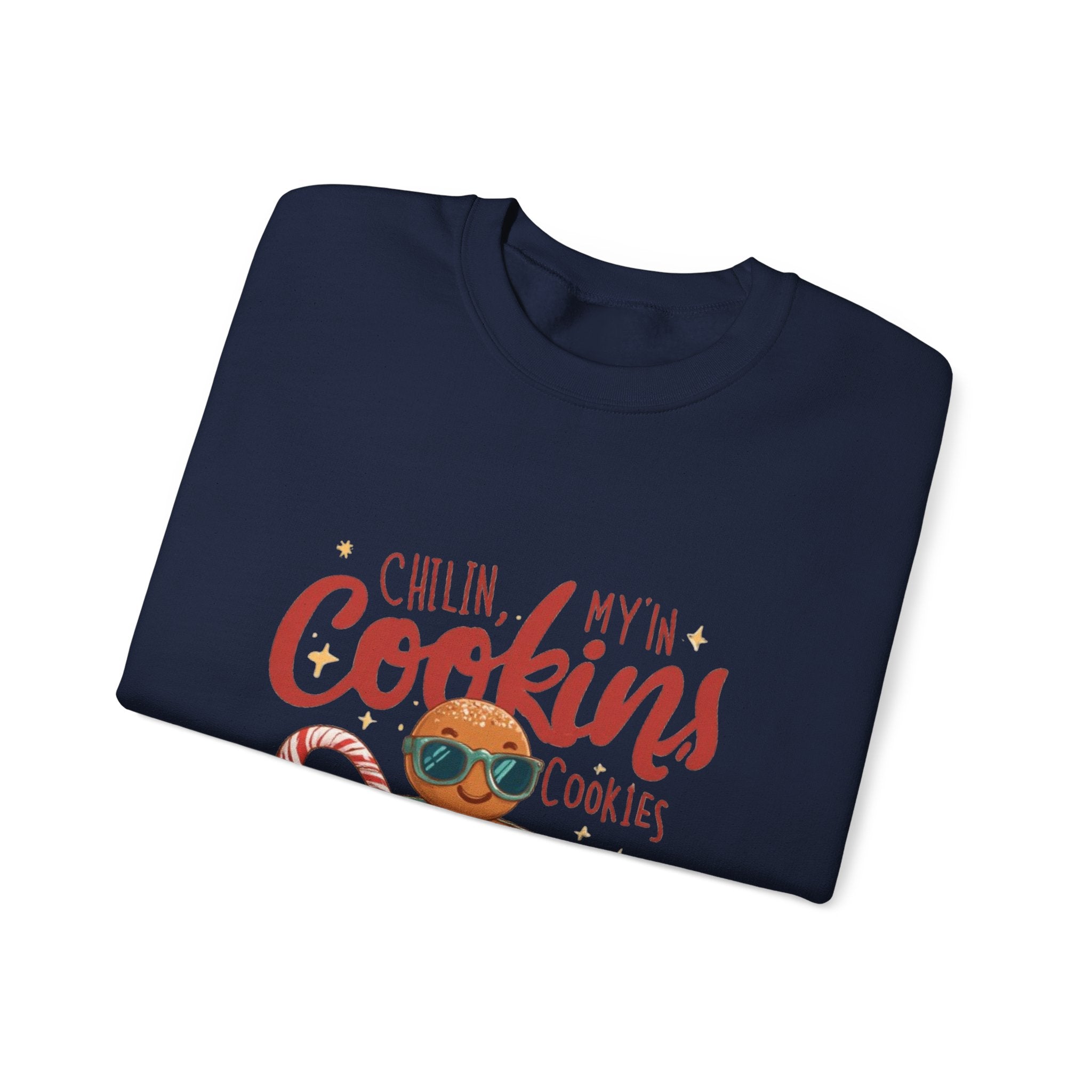 Crewneck Sweatshirt — "Chillin', My N' Cookins' Cookies" Cute Gingerbread Cup Holiday Pullover