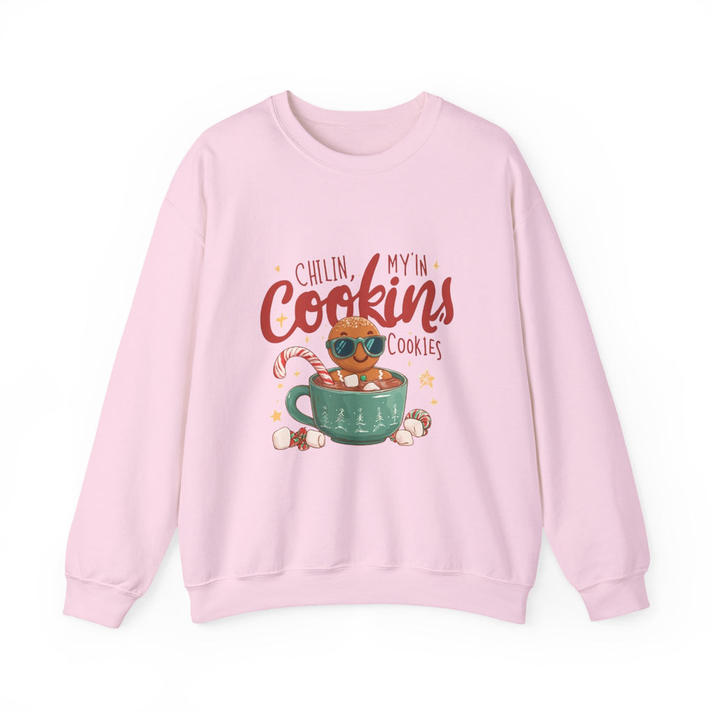 Crewneck Sweatshirt — "Chillin', My N' Cookins' Cookies" Cute Gingerbread Cup Holiday Pullover