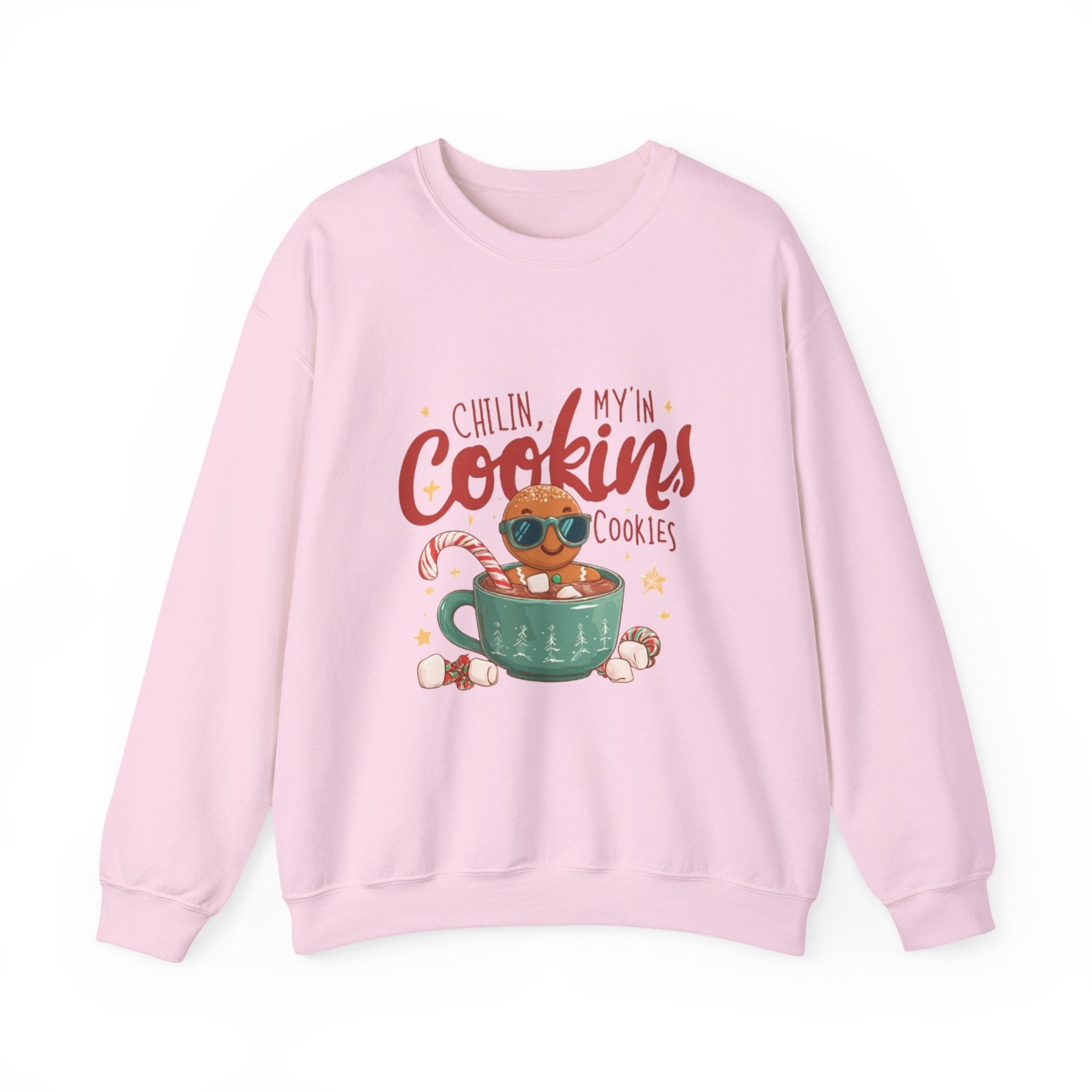 Crewneck Sweatshirt — "Chillin', My N' Cookins' Cookies" Cute Gingerbread Cup Holiday Pullover