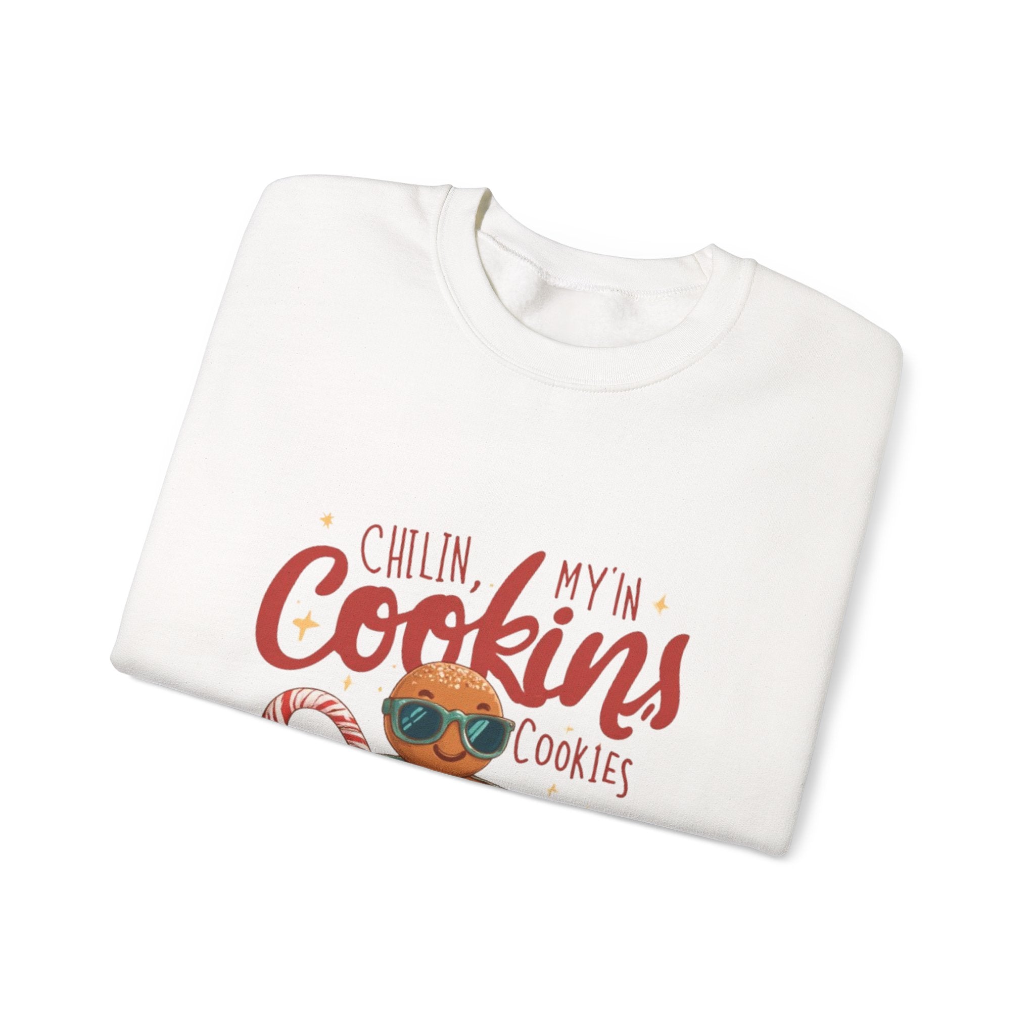 Crewneck Sweatshirt — "Chillin', My N' Cookins' Cookies" Cute Gingerbread Cup Holiday Pullover