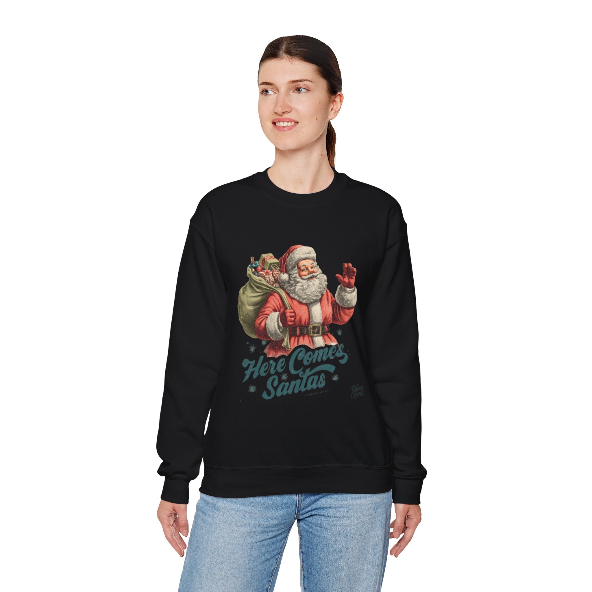 Santa Crewneck Sweatshirt — 'Here Comes Santa' Vintage Christmas Sweater