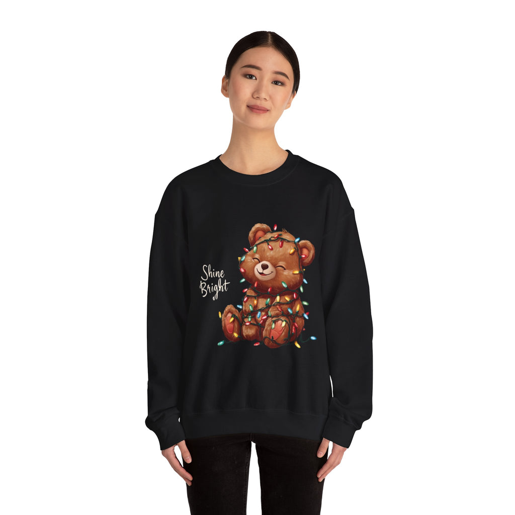 Crewneck Sweatshirt — Cute Teddy Wrapped in Christmas Lights Holiday Pullover