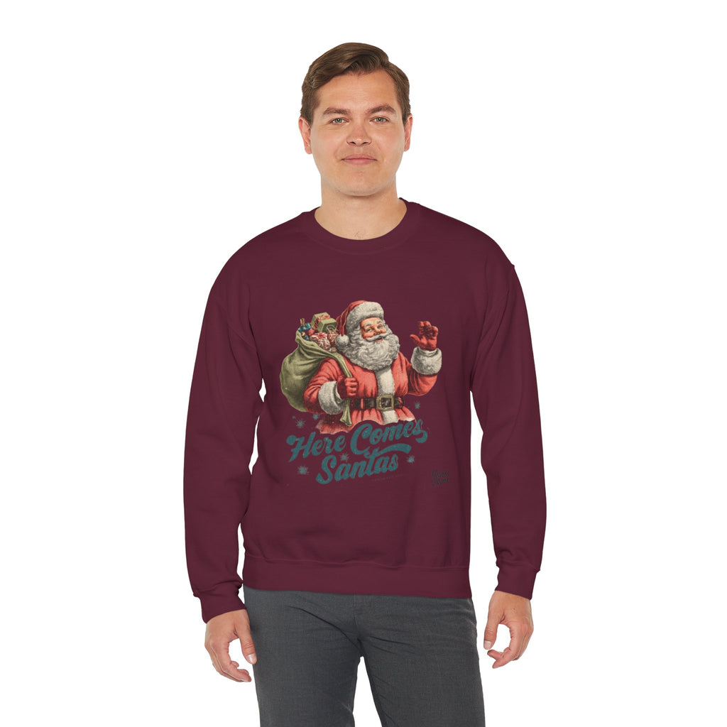 Santa Crewneck Sweatshirt — 'Here Comes Santa' Vintage Christmas Sweater