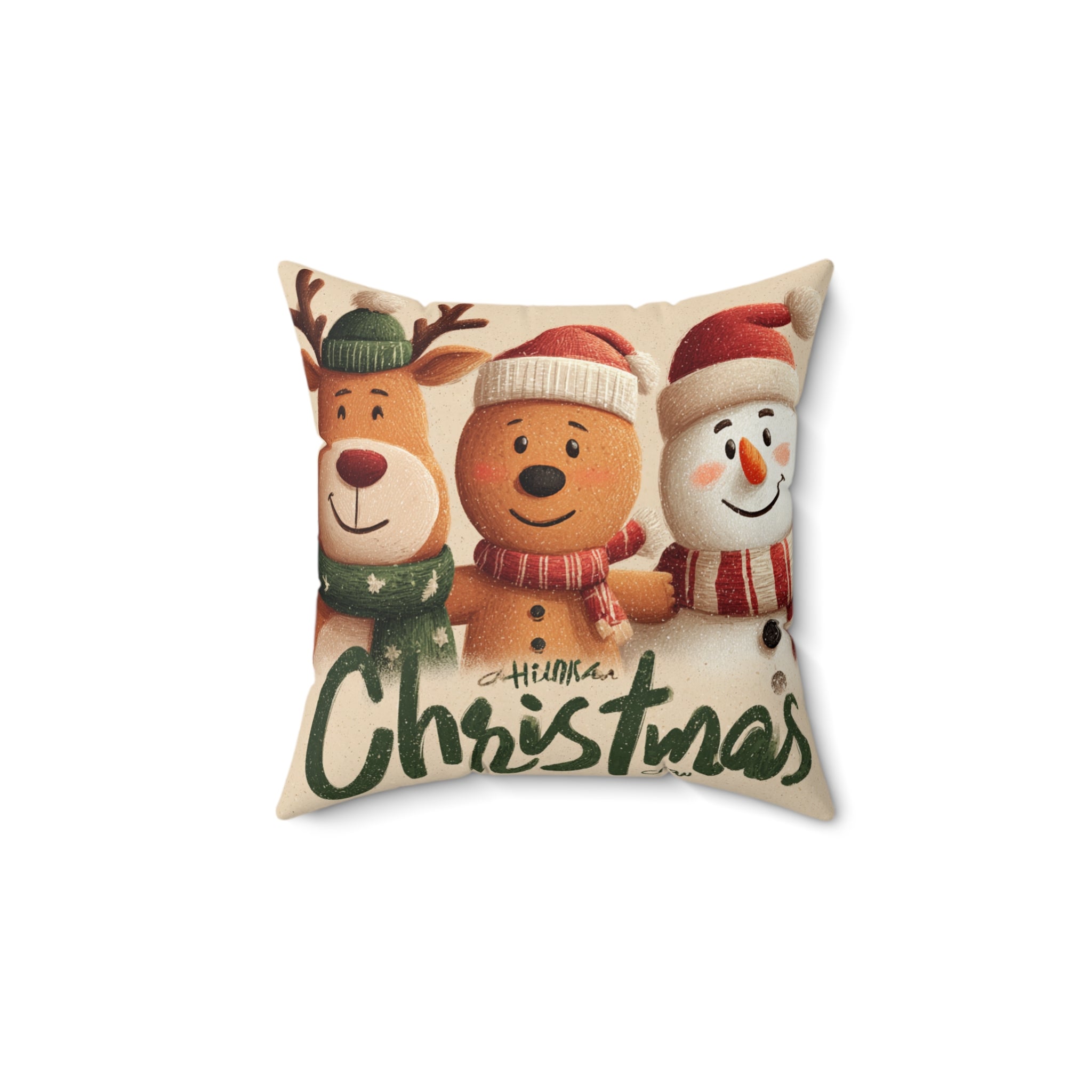 Christmas Friends Decorative Pillow – Reindeer, Bear & Snowman Holiday Throw