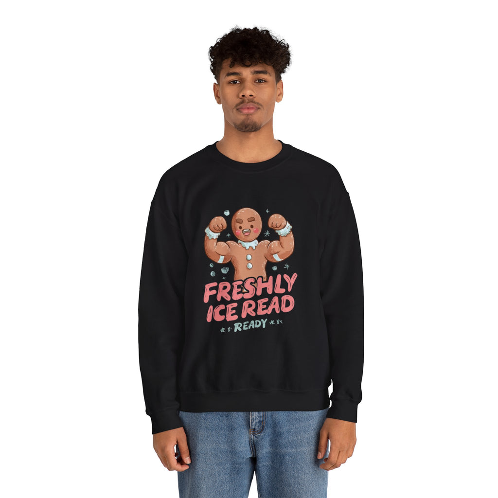 Crewneck Sweatshirt — 'Freshly Iced & Ready' Muscular Gingerbread Holiday Sweatshirt