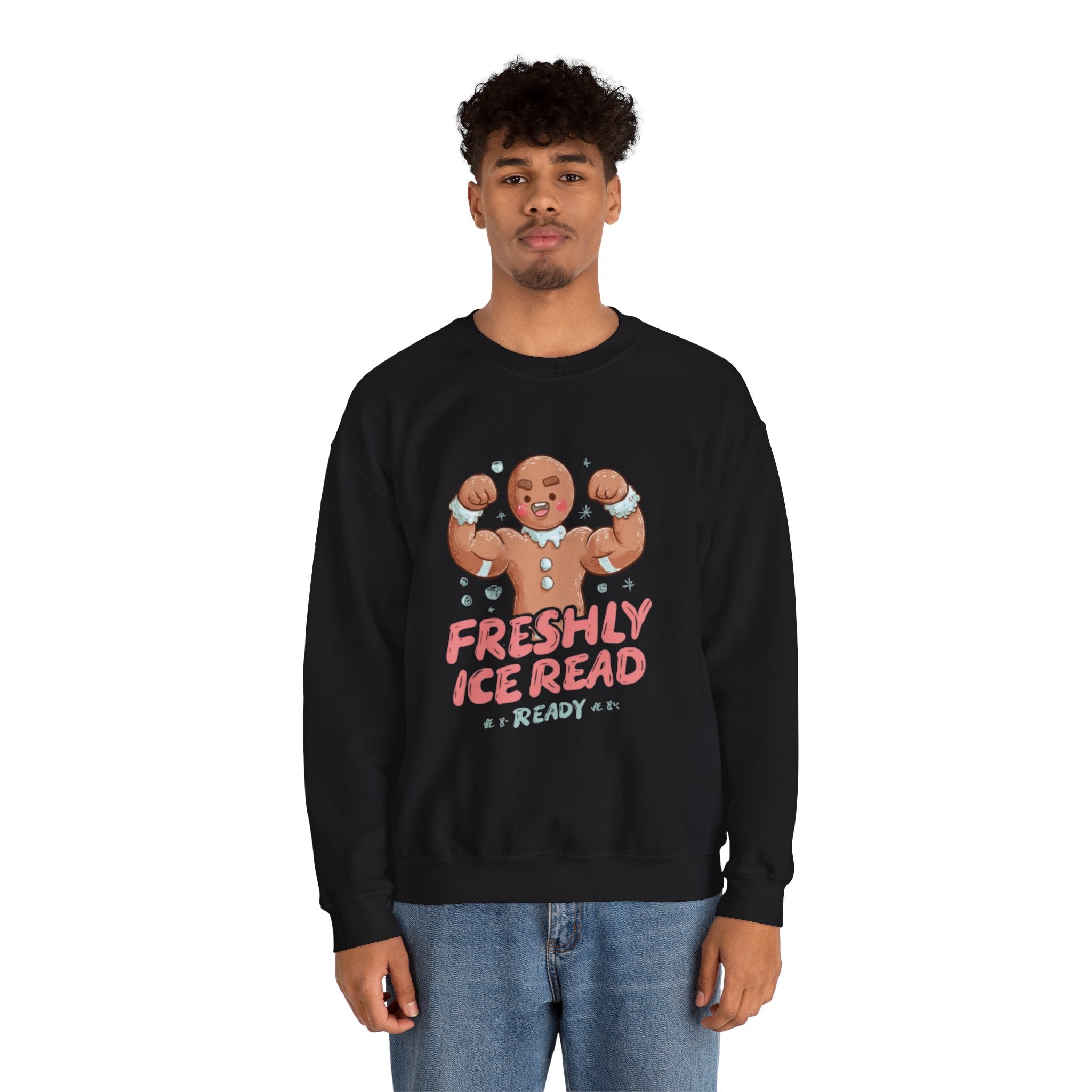 Crewneck Sweatshirt — 'Freshly Iced & Ready' Muscular Gingerbread Holiday Sweatshirt