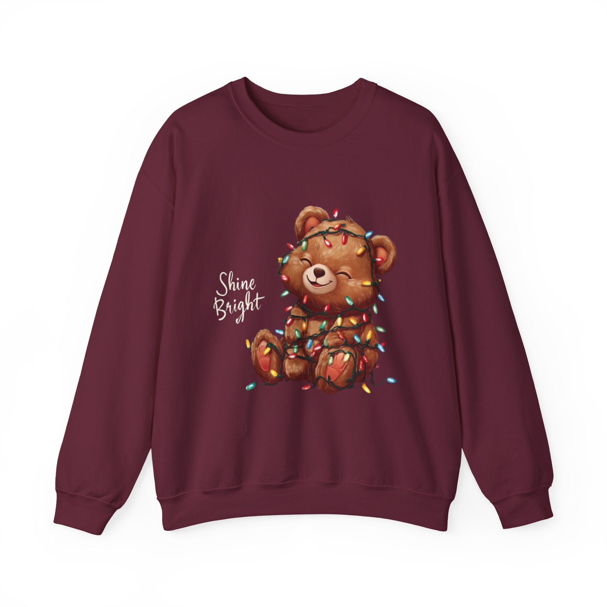 Crewneck Sweatshirt — Cute Teddy Wrapped in Christmas Lights Holiday Pullover