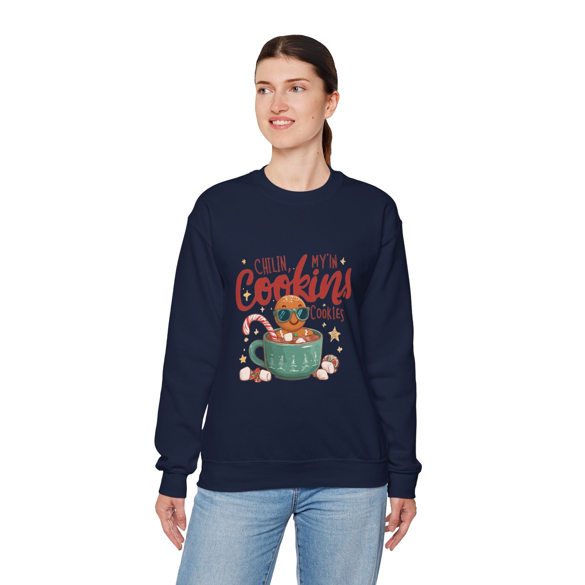 Crewneck Sweatshirt — "Chillin', My N' Cookins' Cookies" Cute Gingerbread Cup Holiday Pullover
