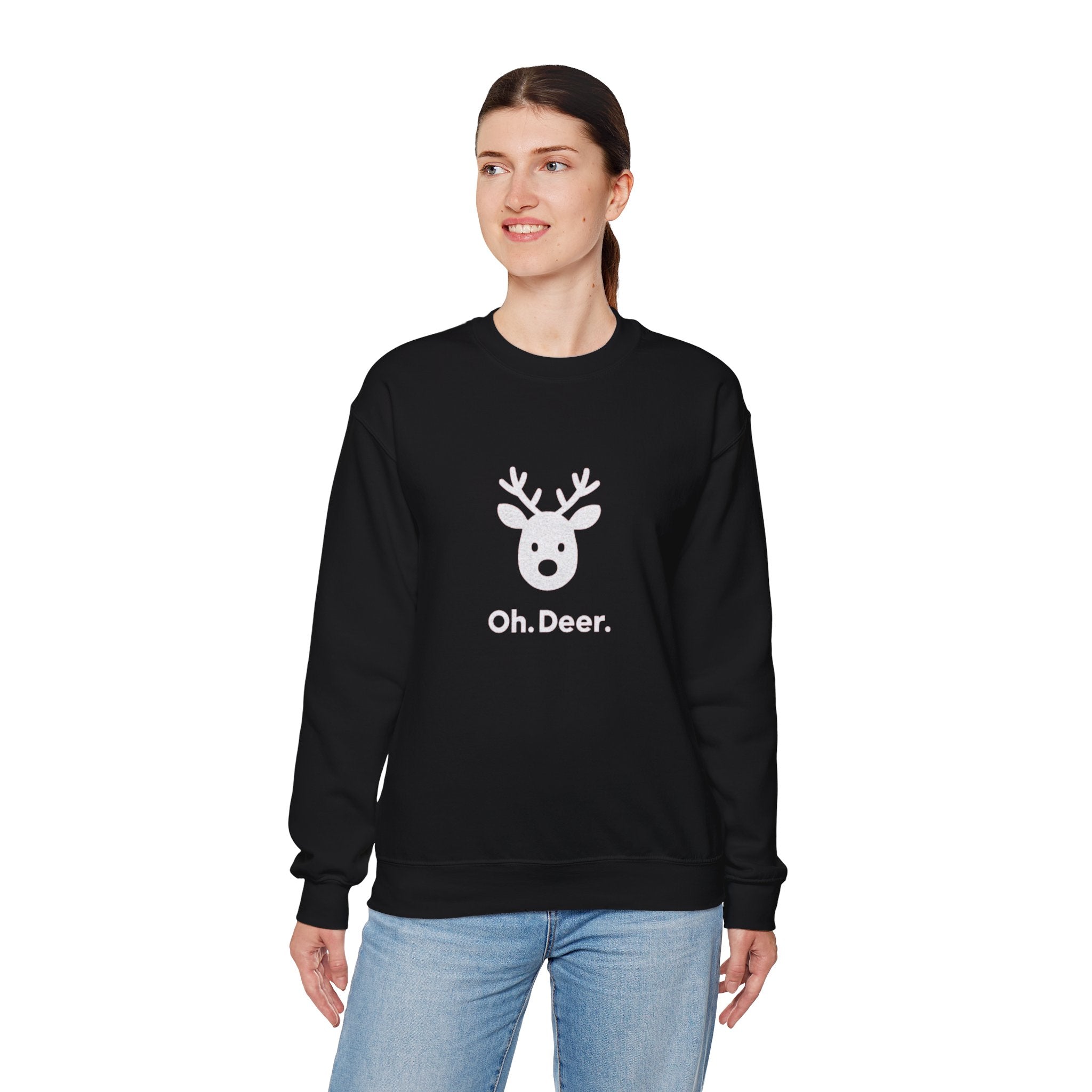 Crewneck Sweatshirt — Subtle ‘Oh Deer.’ Reindeer Graphic Holiday Pullover