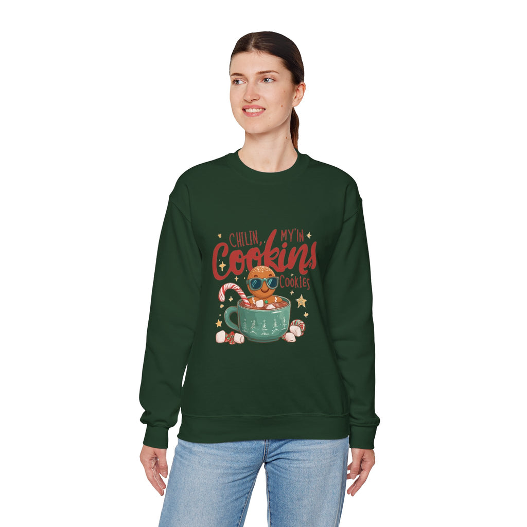 Crewneck Sweatshirt — "Chillin', My N' Cookins' Cookies" Cute Gingerbread Cup Holiday Pullover