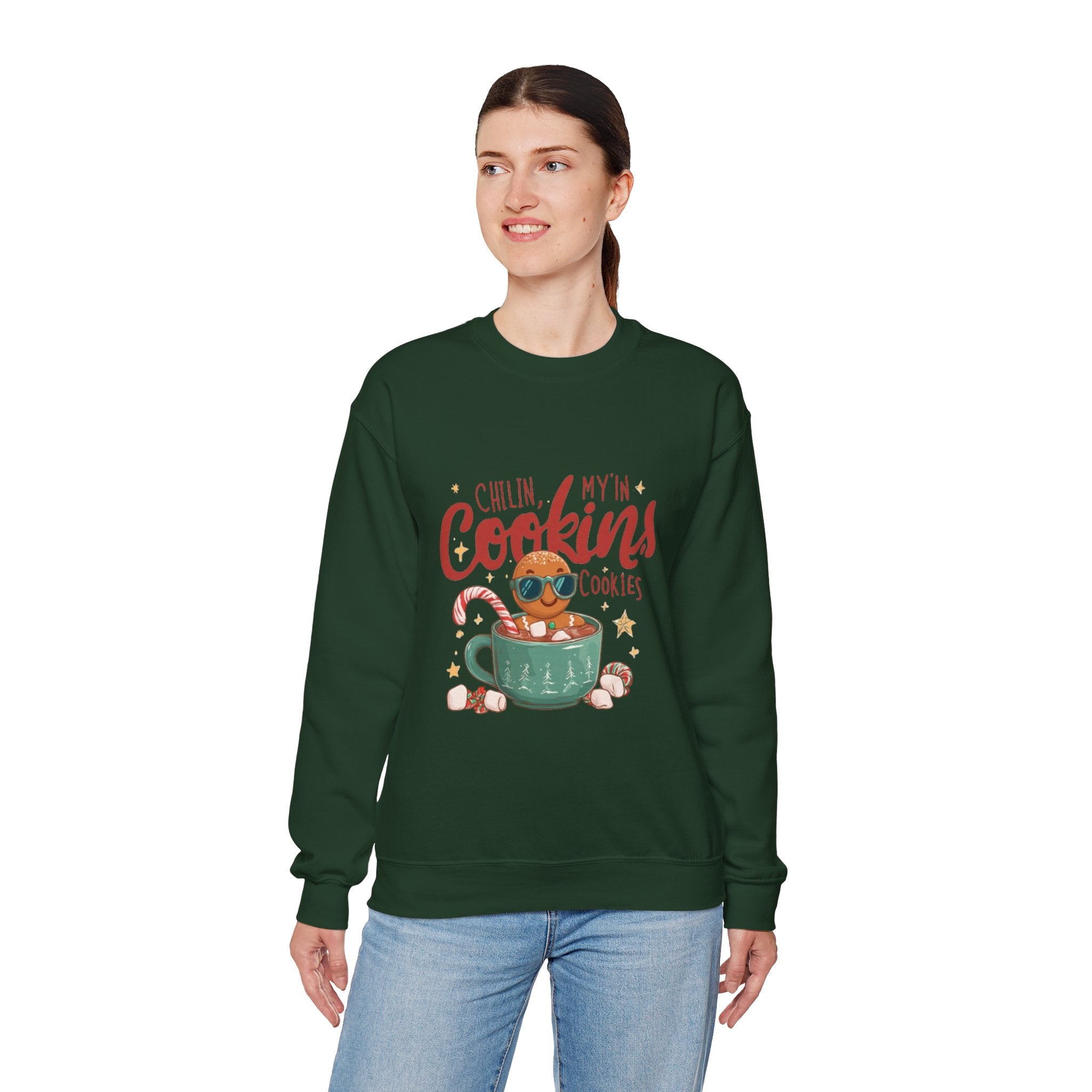 Crewneck Sweatshirt — "Chillin', My N' Cookins' Cookies" Cute Gingerbread Cup Holiday Pullover