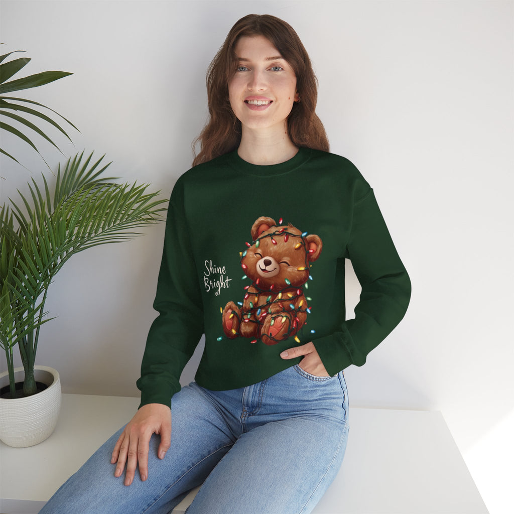 Crewneck Sweatshirt — Cute Teddy Wrapped in Christmas Lights Holiday Pullover