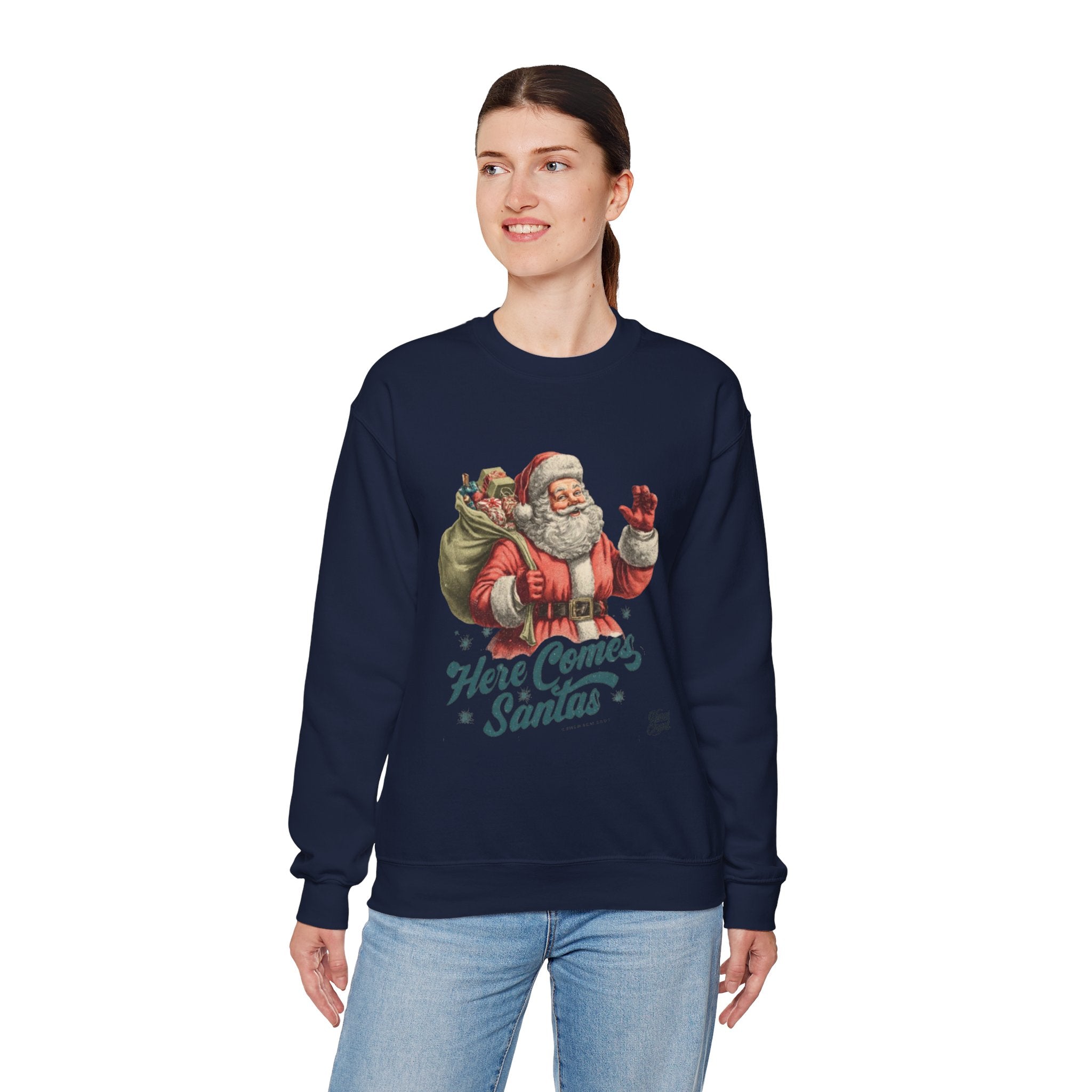 Santa Crewneck Sweatshirt — 'Here Comes Santa' Vintage Christmas Sweater