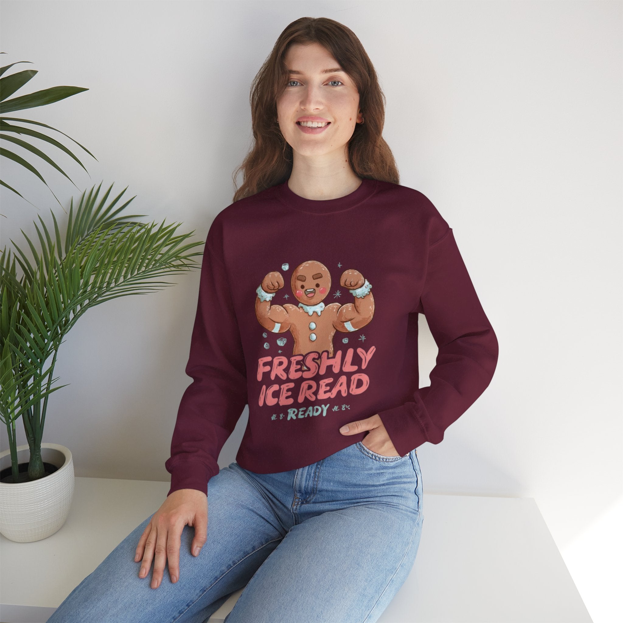 Crewneck Sweatshirt — 'Freshly Iced & Ready' Muscular Gingerbread Holiday Sweatshirt
