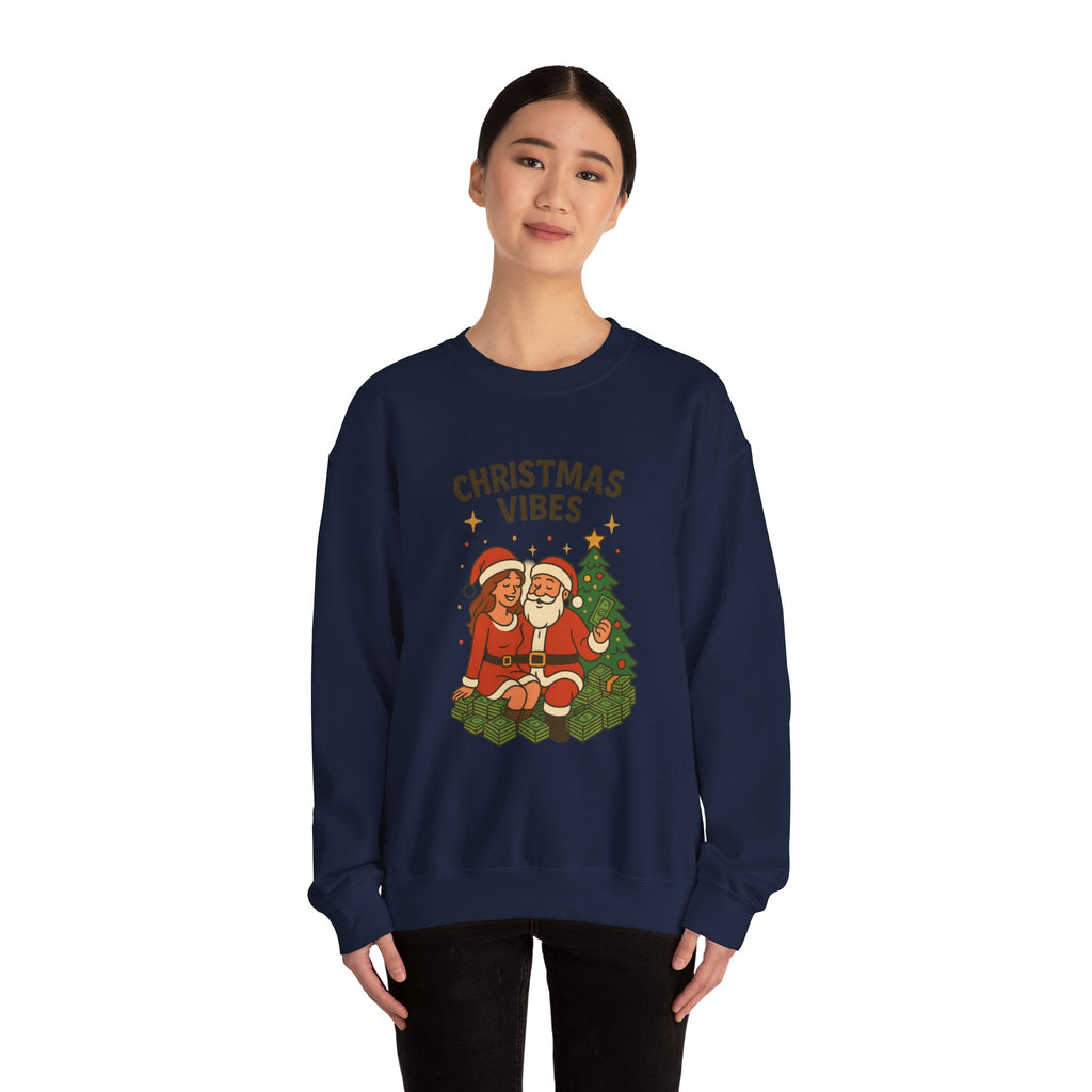 Crewneck Sweatshirt - 'Christmas Vibes' Santa & Mrs. Claus Holiday Graphic