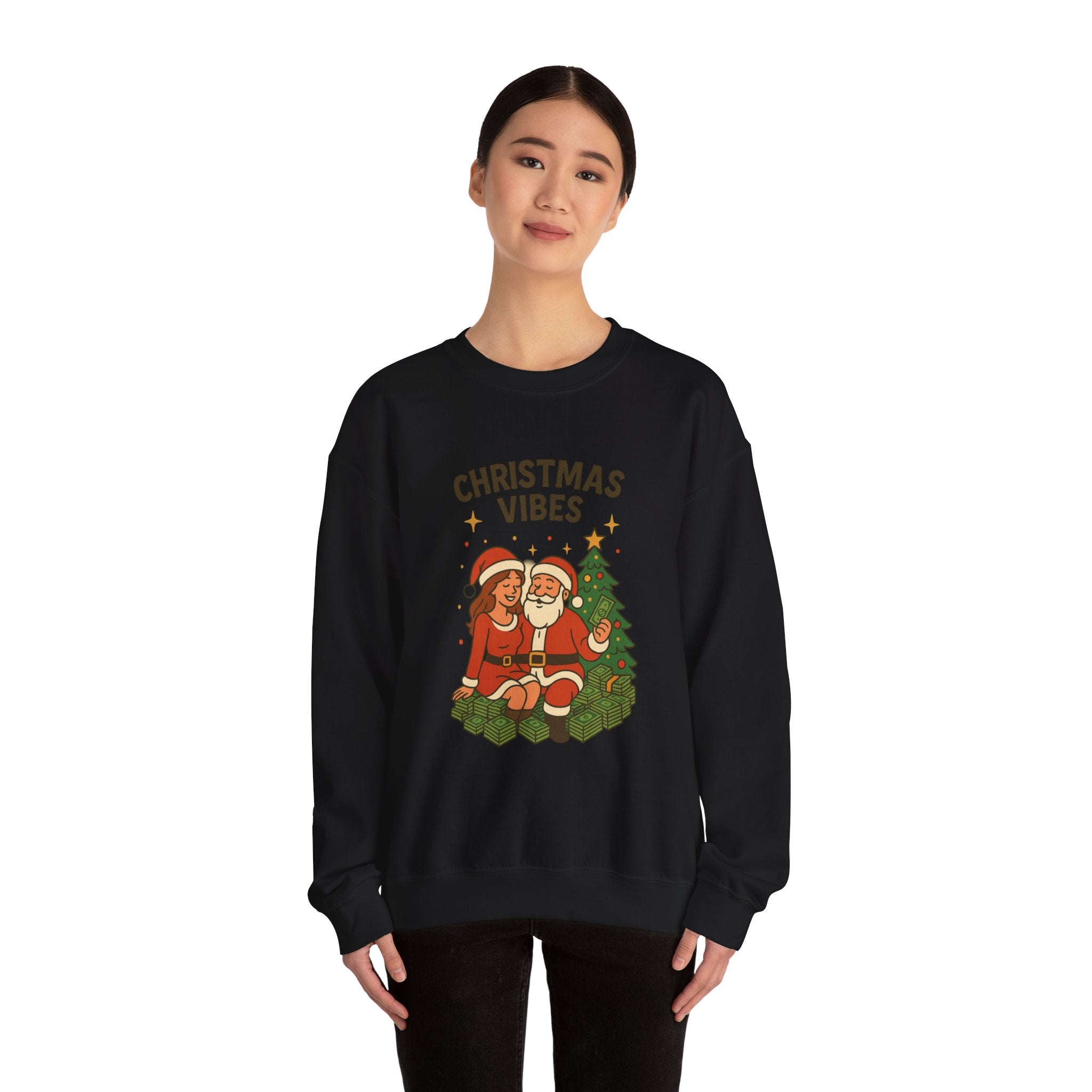 Crewneck Sweatshirt - 'Christmas Vibes' Santa & Mrs. Claus Holiday Graphic