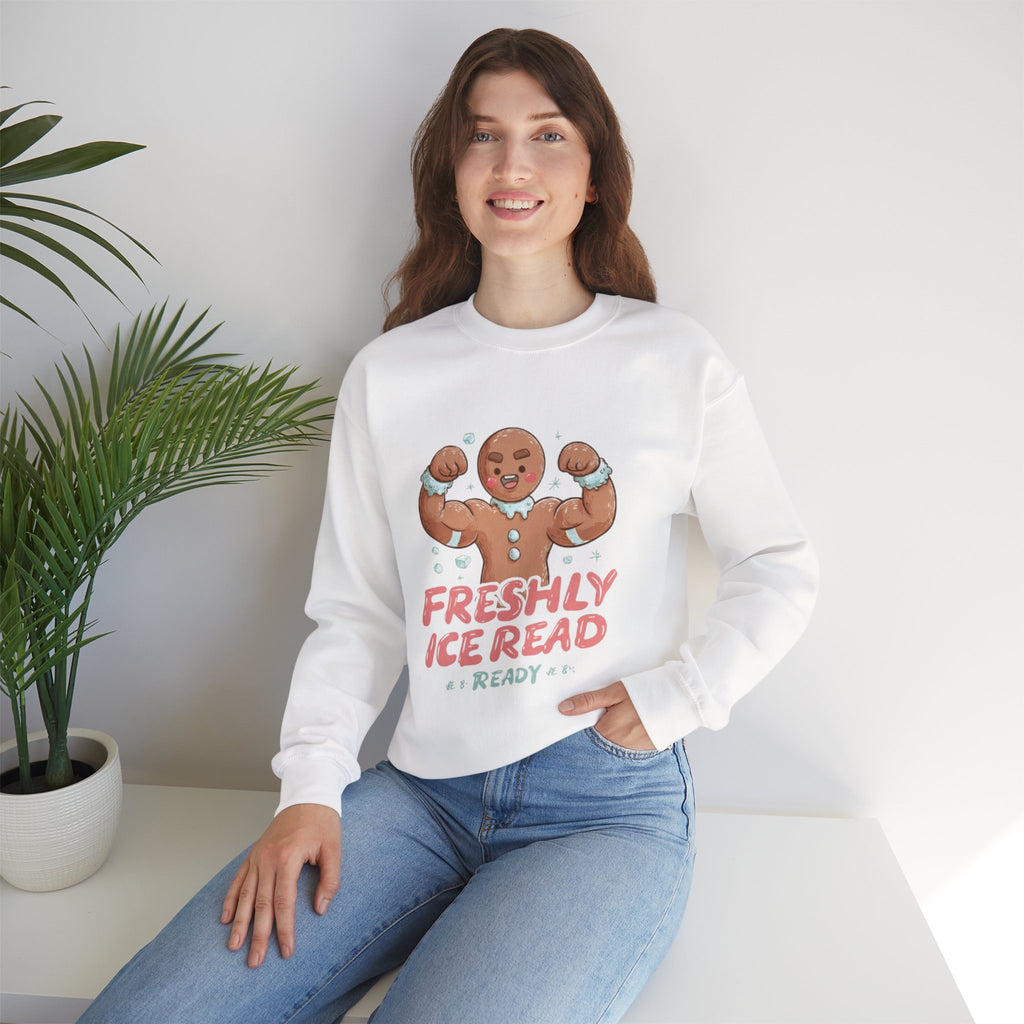 Crewneck Sweatshirt — 'Freshly Iced & Ready' Muscular Gingerbread Holiday Sweatshirt